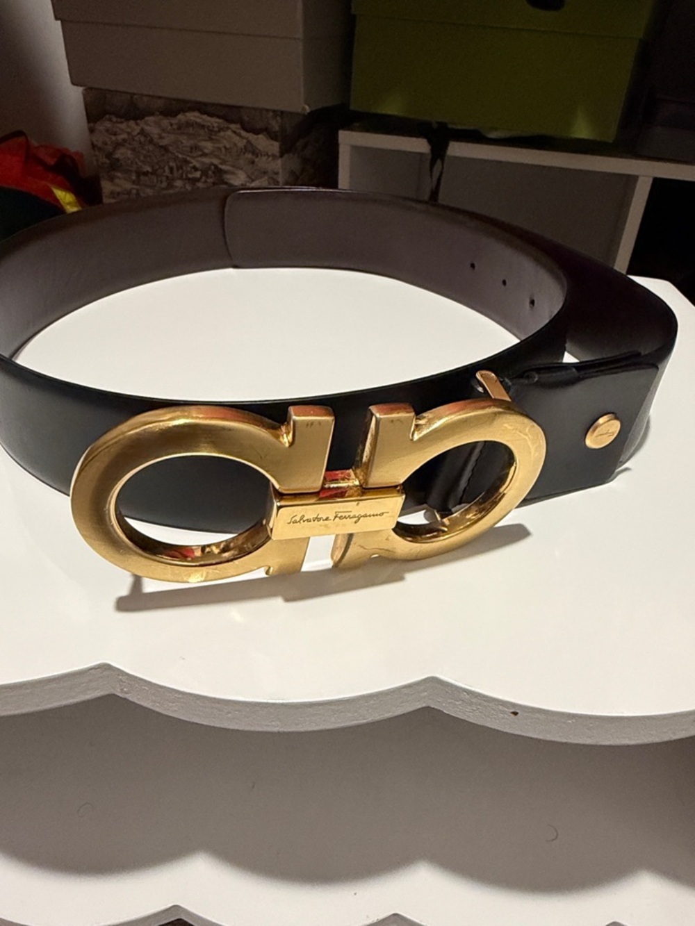 Salvatore Ferragamo Black Leather Belt with Gold Gancini Buckle 42”